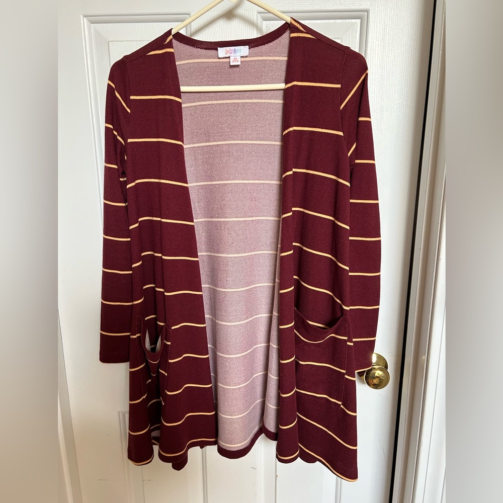 LuLaRoe Maroon and Tan Striped Cardigan